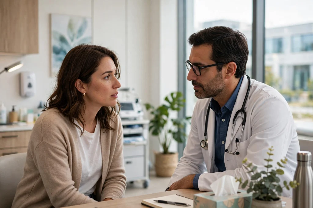 A woman patient speaking with a doctor in a bright modern clinic