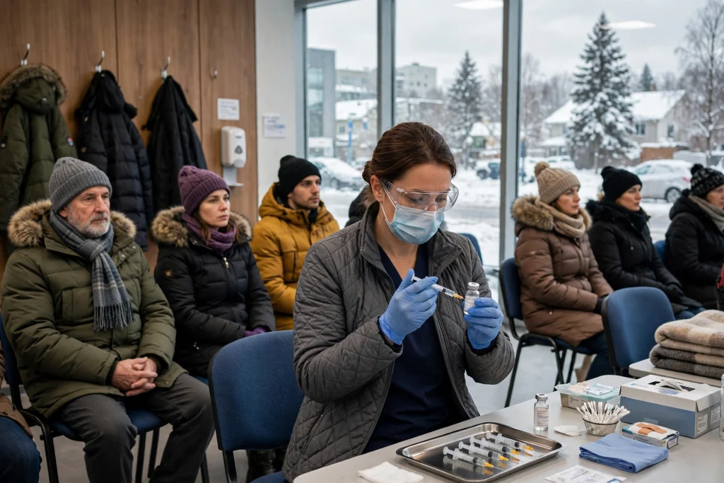 A flu vaccination clinic in winter, with a nurse preparing a vaccine