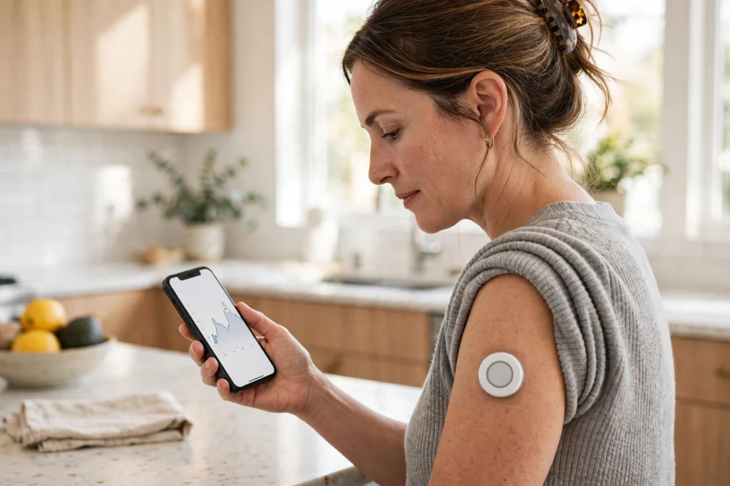 Continuous Glucose Monitors Give Type 2 Diabetes Patients Five More Healthy Hours a Day, Landmark Trial Finds Person with type 2 diabetes checking glucose readings from an arm-worn continuous glucose monitor on a smartphone