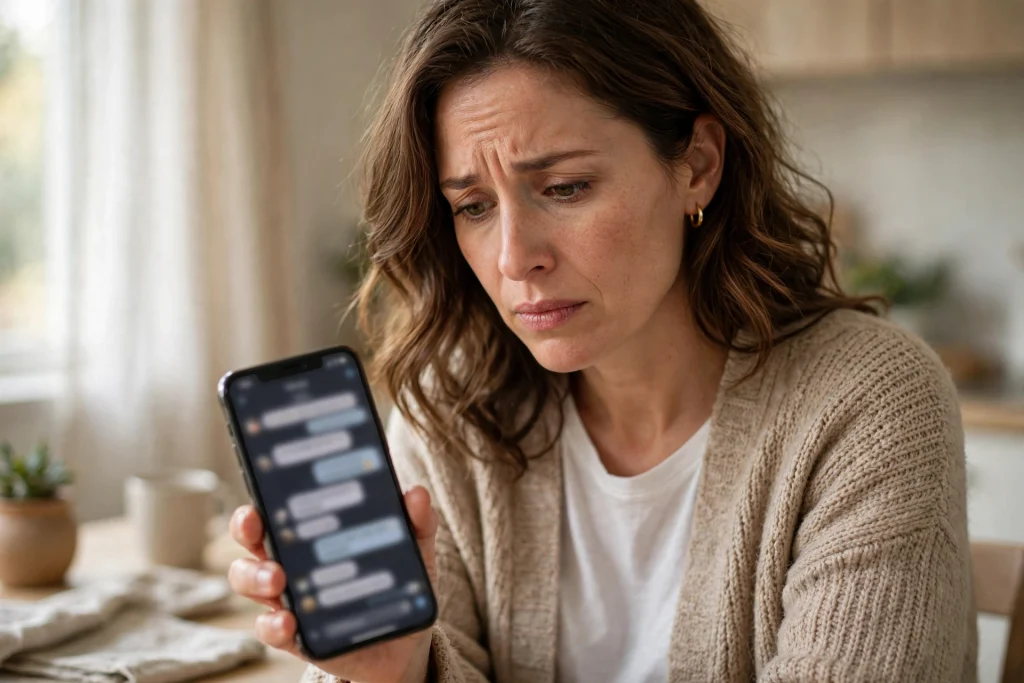 Person at home checking a medical chatbot on a smartphone