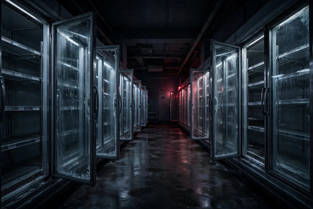 Empty supermarket refrigerated aisle after cyberattack