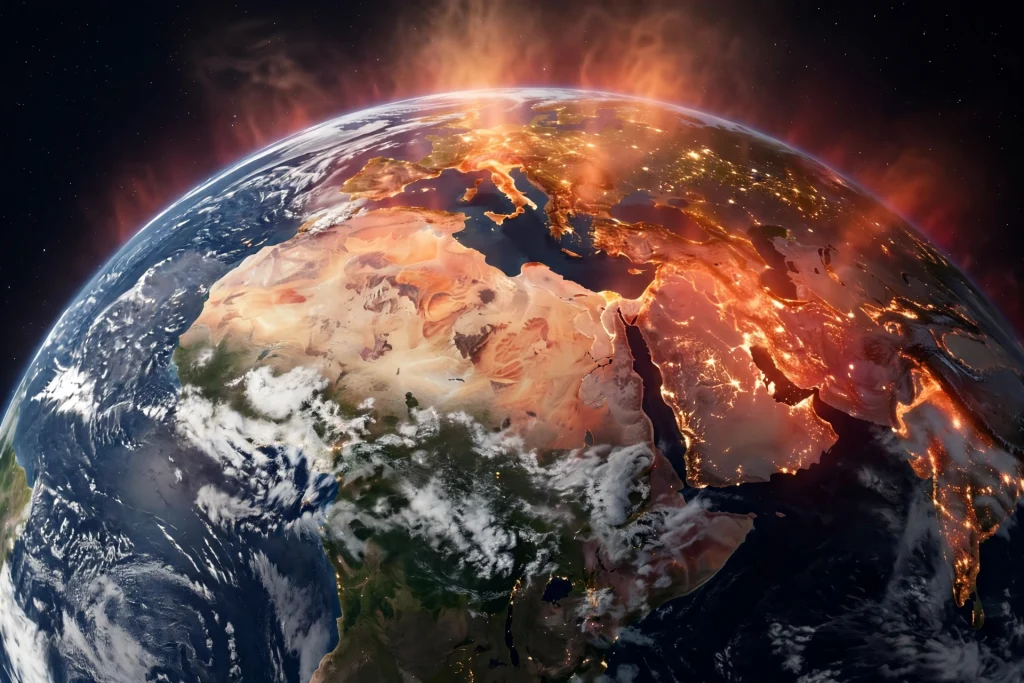 Earth from space with a rising heat glow over the continents