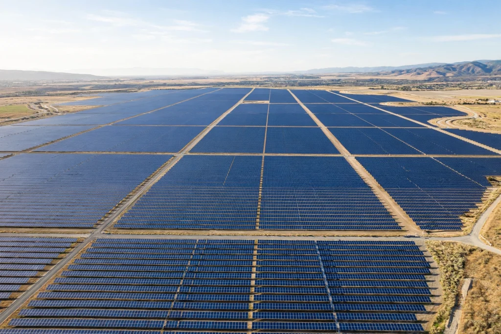 Aerial view of a vast solar panel farm in India