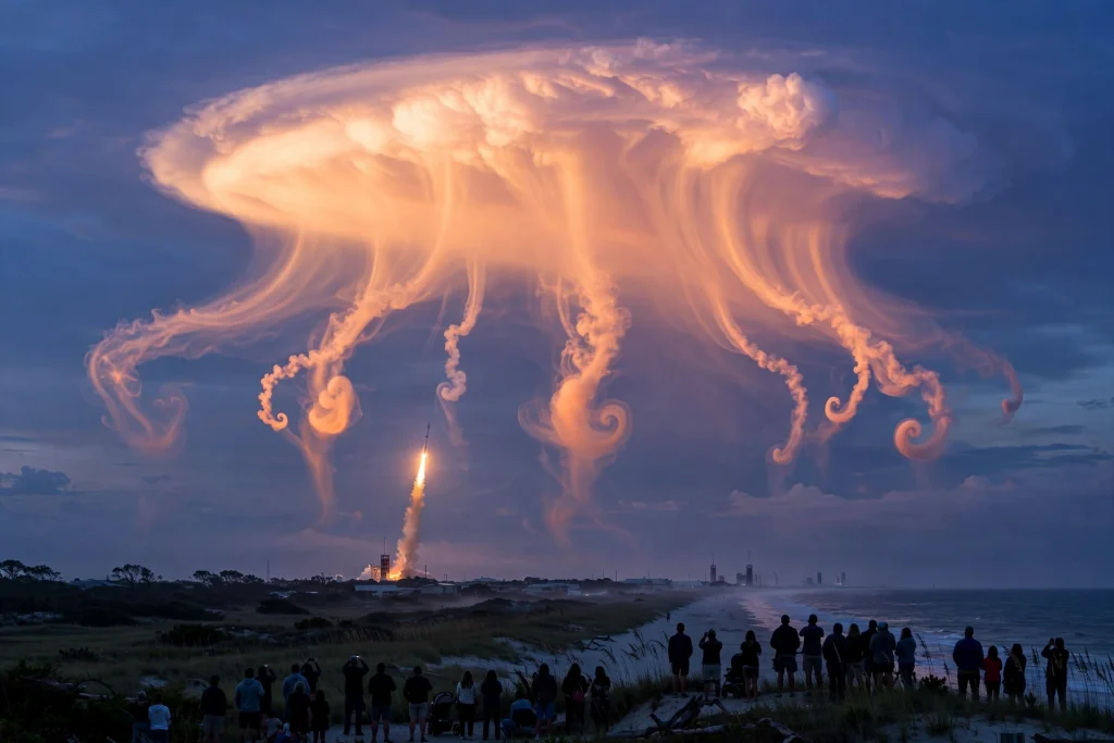 SpaceX Dawn Launch Paints a Glowing ‘Jellyfish’ Across the East Coast Sky Rocket launch at dawn creating a glowing jellyfish-shaped cloud in the twilight sky
