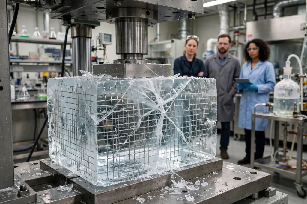 ‘Super Ice’ Is 10 Times Stronger Than Regular Ice — and Almost as Strong as Concrete Block of reinforced ice being strength-tested in a laboratory
