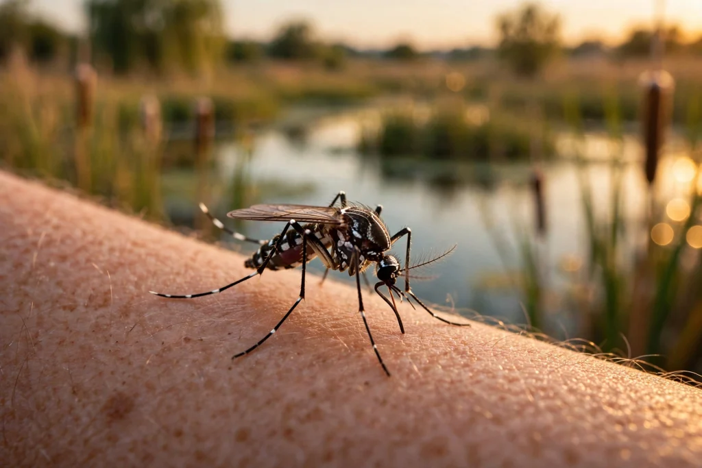 Mosquito in warm evening light near wetlands in southern France